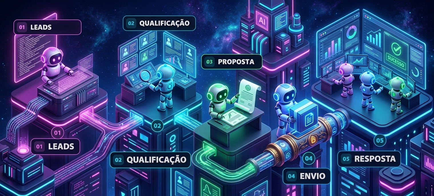 Fluxo visual dos agentes de IA conectando leads, qualificação, proposta, negociação e fechamento